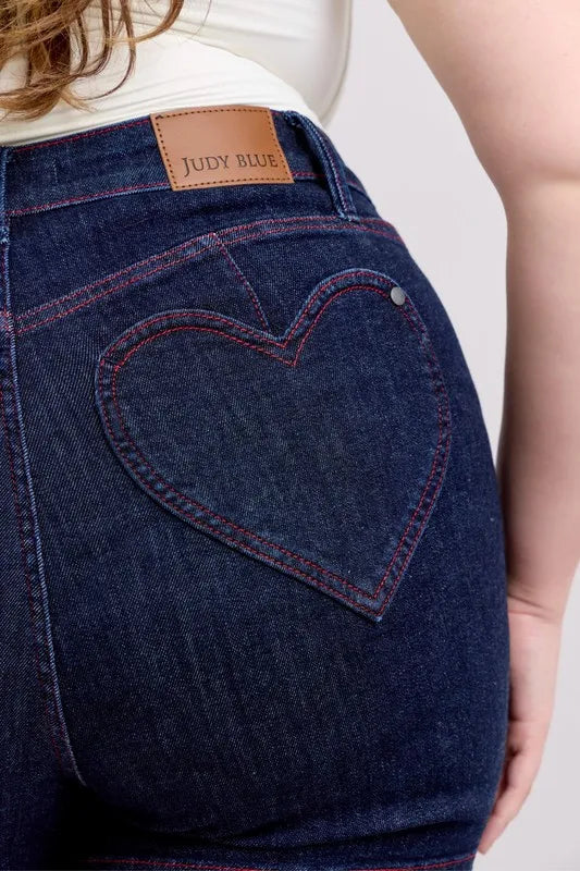 Judy Blue Heart Shaped Pkts & Red Contrast Thread Denim Shorts